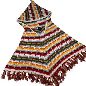 Gap Kids Vintage Crochet Knit Hooded‎ Poncho Multi-Color Striped Fringe S 6-7